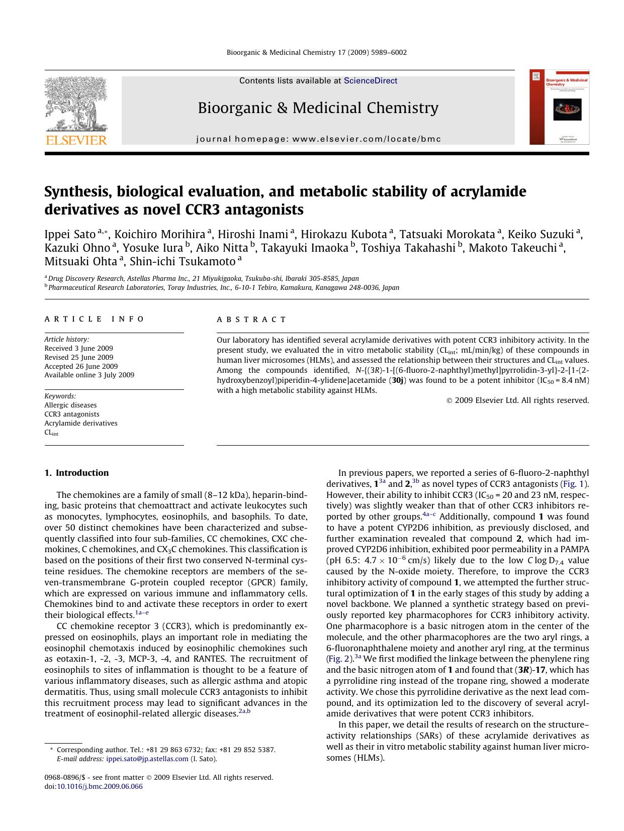 Synthesis, biological evaluation, and metabolic stability of acrylamide derivatives as novel CCR3 antagonists by unknow