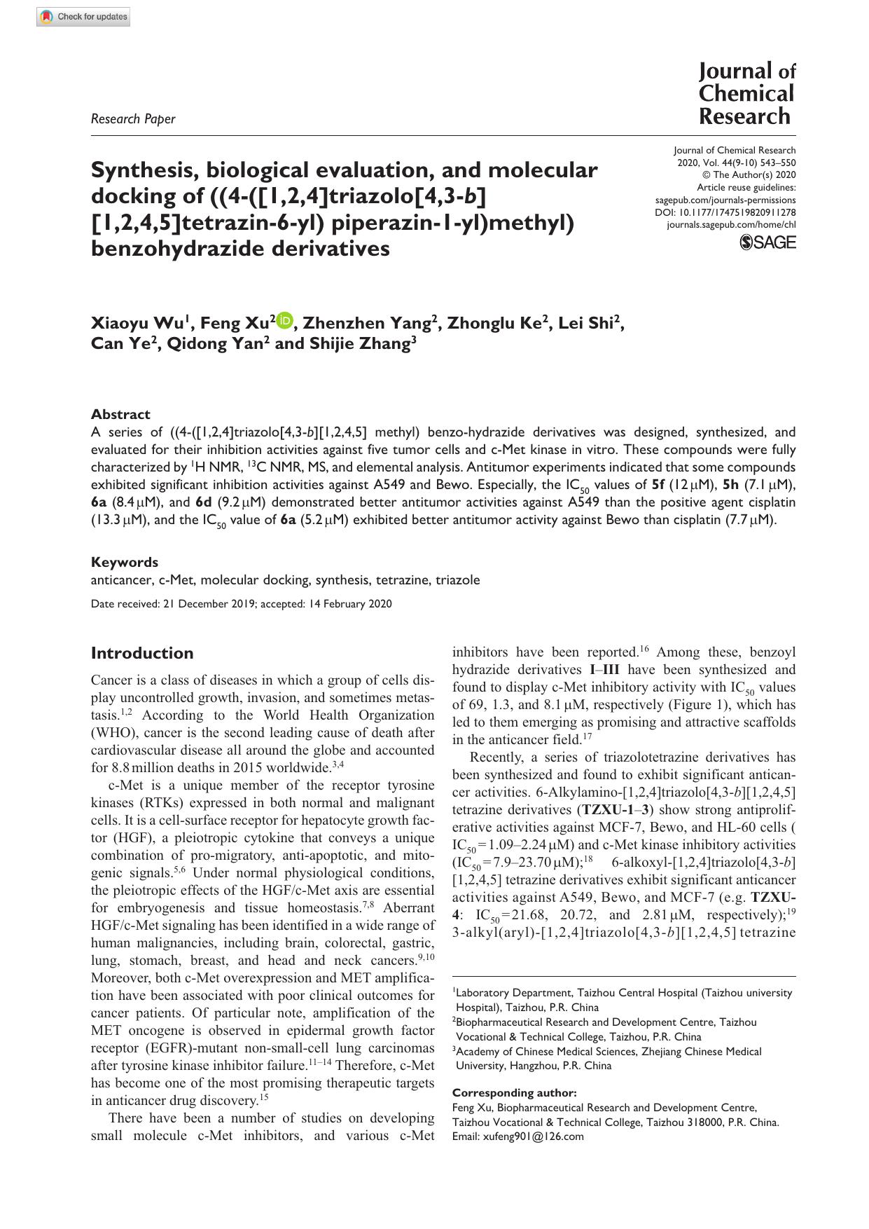Synthesis, biological evaluation, and molecular docking of ((4-([1,2,4]triazolo[4,3-b][1,2,4,5]tetrazin-6-yl) piperazin-1-yl)methyl) benzohydrazide derivatives by Xiaoyu Wu Feng Xu Zhenzhen Yang Zhonglu Ke Lei Shi Can Ye Qidong Yan & Shijie Zhang