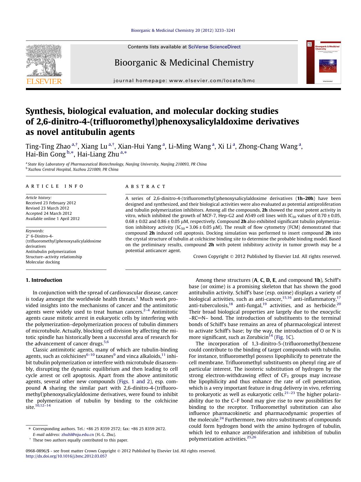 Synthesis, biological evaluation, and molecular docking studies of 2,6-dinitro-4-(trifluoromethyl)phenoxysalicylaldoxime derivatives as novel antitubulin agents by unknow