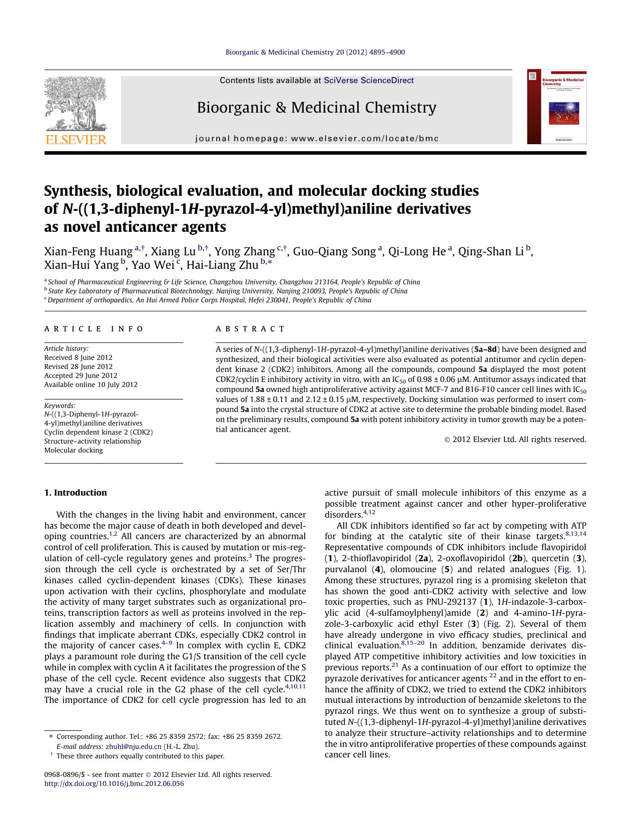 Synthesis, biological evaluation, and molecular docking studies of N-((1,3-diphenyl-1H-pyrazol-4-yl)methyl)aniline derivatives as novel anticancer agents by unknow