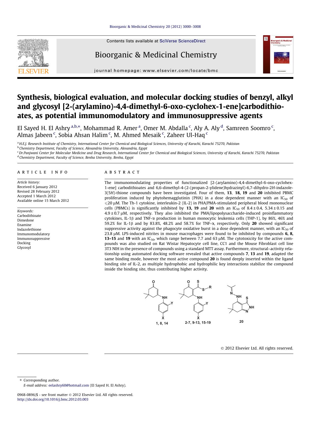 Synthesis, biological evaluation, and molecular docking studies of benzyl, alkyl and glycosyl [2-(arylamino)-4,4-dimethyl-6-oxo-cyclohex-1-ene]carbodithioates, as potential immunom by unknow