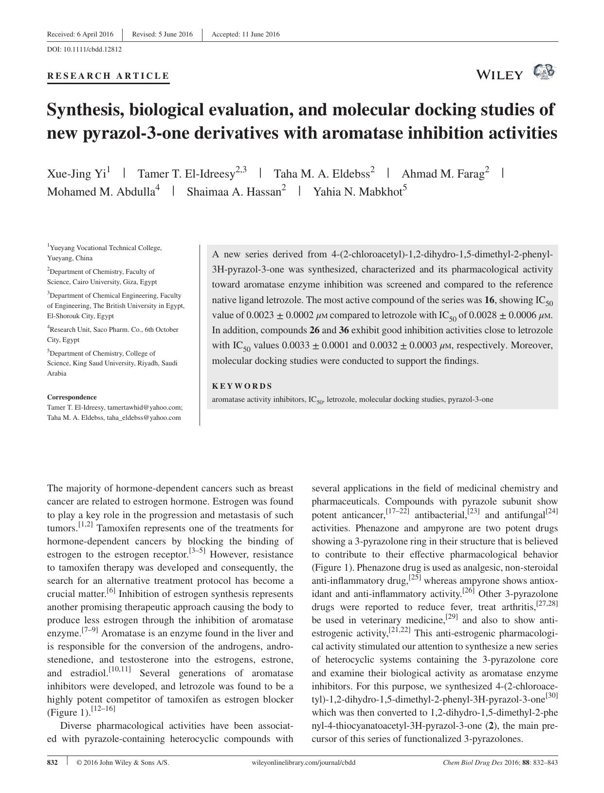 Synthesis, biological evaluation, and molecular docking studies of new pyrazol‐3‐one derivatives with aromatase inhibition activities by unknow