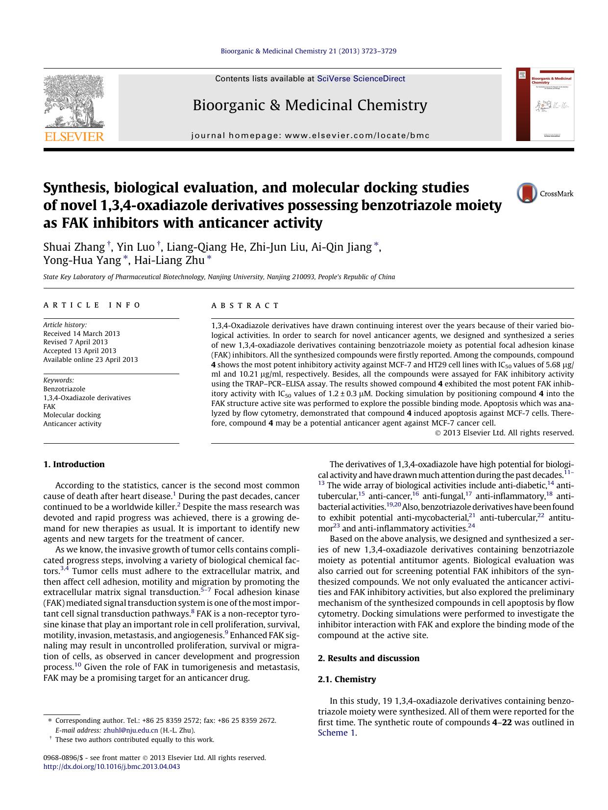 Synthesis, biological evaluation, and molecular docking studies of novel 1,3,4-oxadiazole derivatives possessing benzotriazole moiety as FAK inhibitors with anticancer activity by Shuai Zhang & Yin Luo & Liang-Qiang He & Zhi-Jun Liu & Ai-Qin Jiang & Yong-Hua Yang & Hai-Liang Zhu