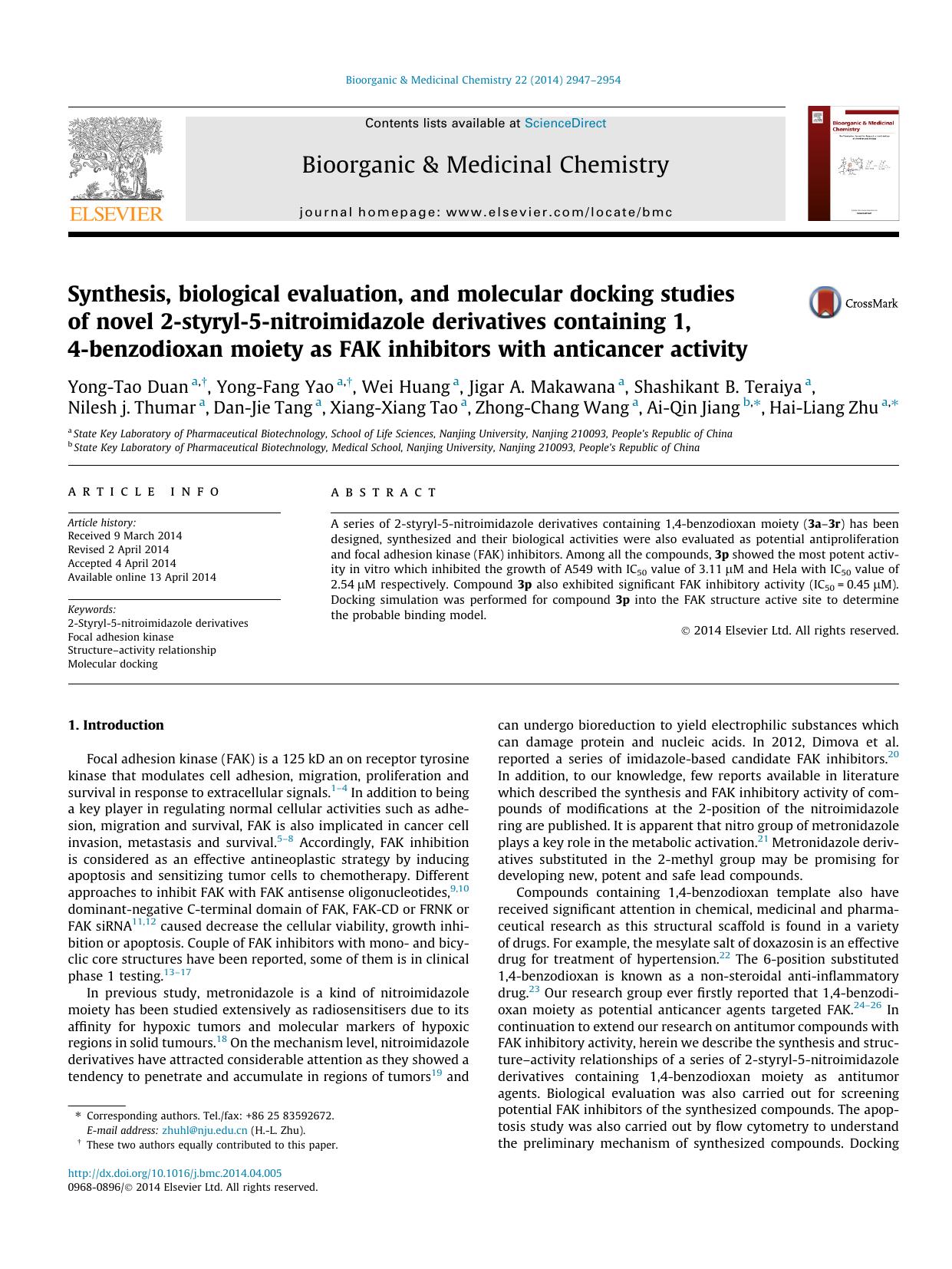 Synthesis, biological evaluation, and molecular docking studies of novel 2-styryl-5-nitroimidazole derivatives containing 1,4-benzodioxan moiety as FAK inhibitors with anticancer activity by unknow
