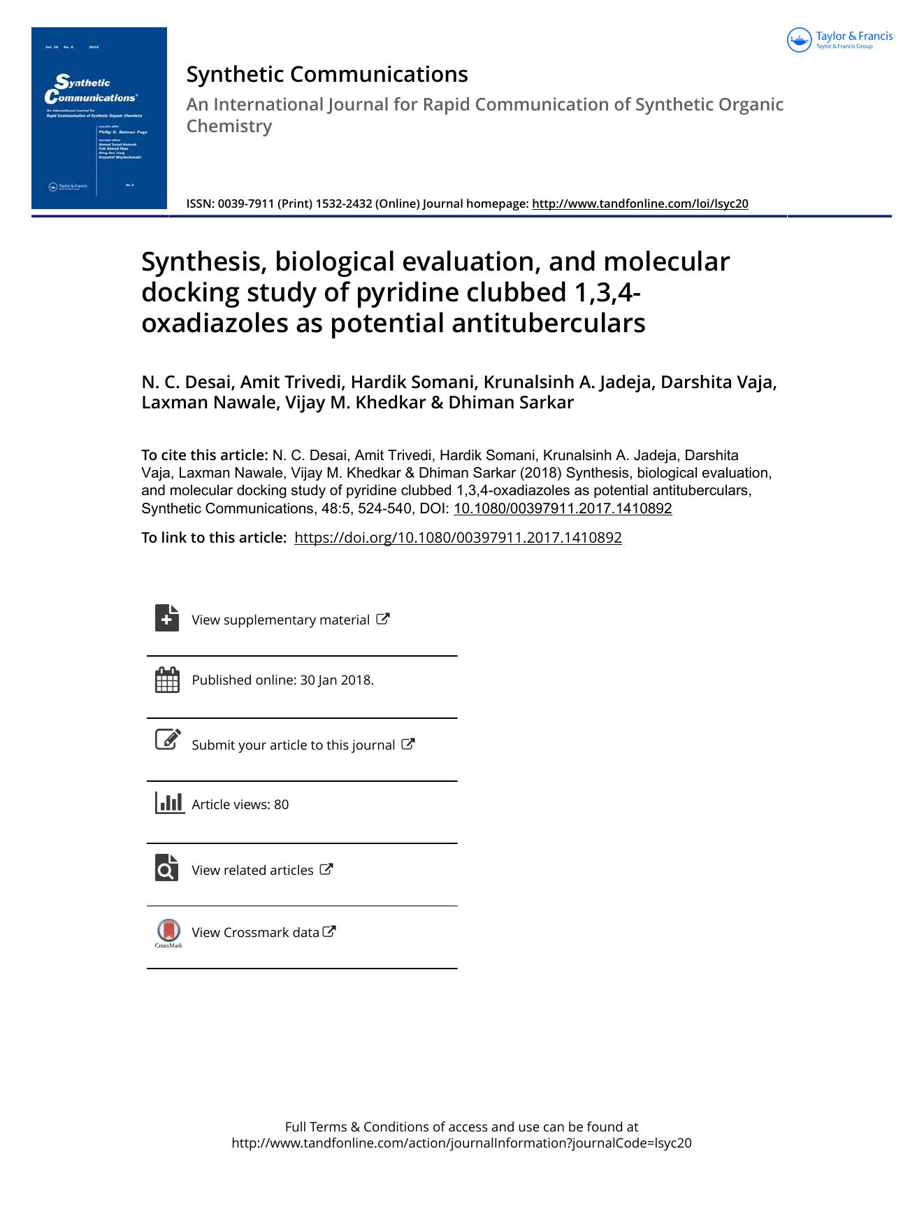 Synthesis, biological evaluation, and molecular docking study of pyridine clubbed 1,3,4-oxadiazoles as potential antituberculars by N. C. Desai