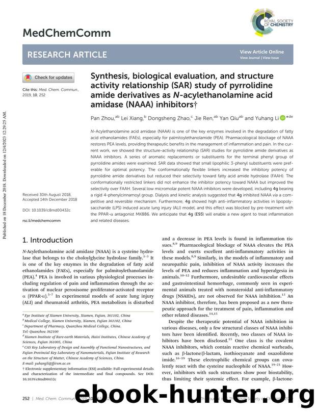 Synthesis, biological evaluation, and structure activity relationship (SAR) study of pyrrolidine amide derivatives as N-acylethanolamine acid amidase (NAAA) inhibitors by Pan Zhou & Lei Xiang & Dongsheng Zhao & Jie Ren & Yan Qiu & Yuhang Li