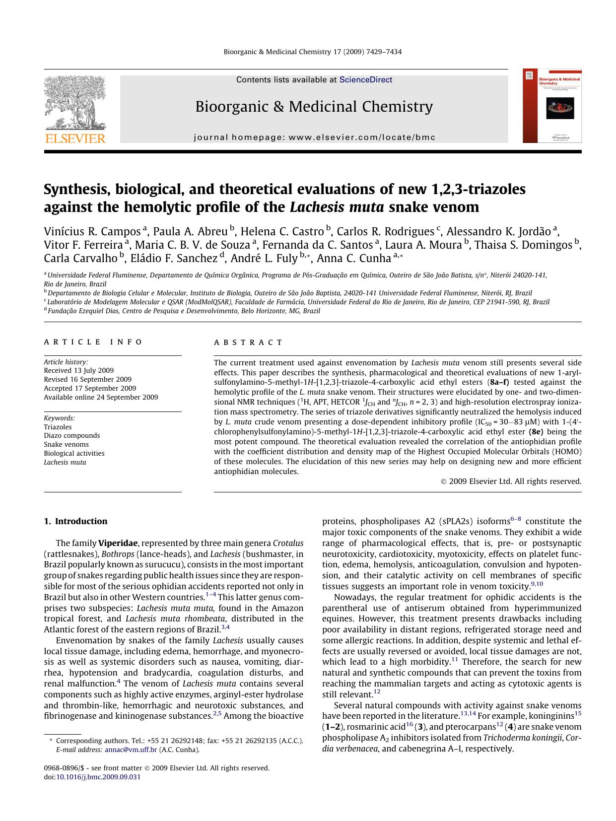 Synthesis, biological, and theoretical evaluations of new 1,2,3-triazoles against the hemolytic profile of the Lachesis muta snake venom by unknow