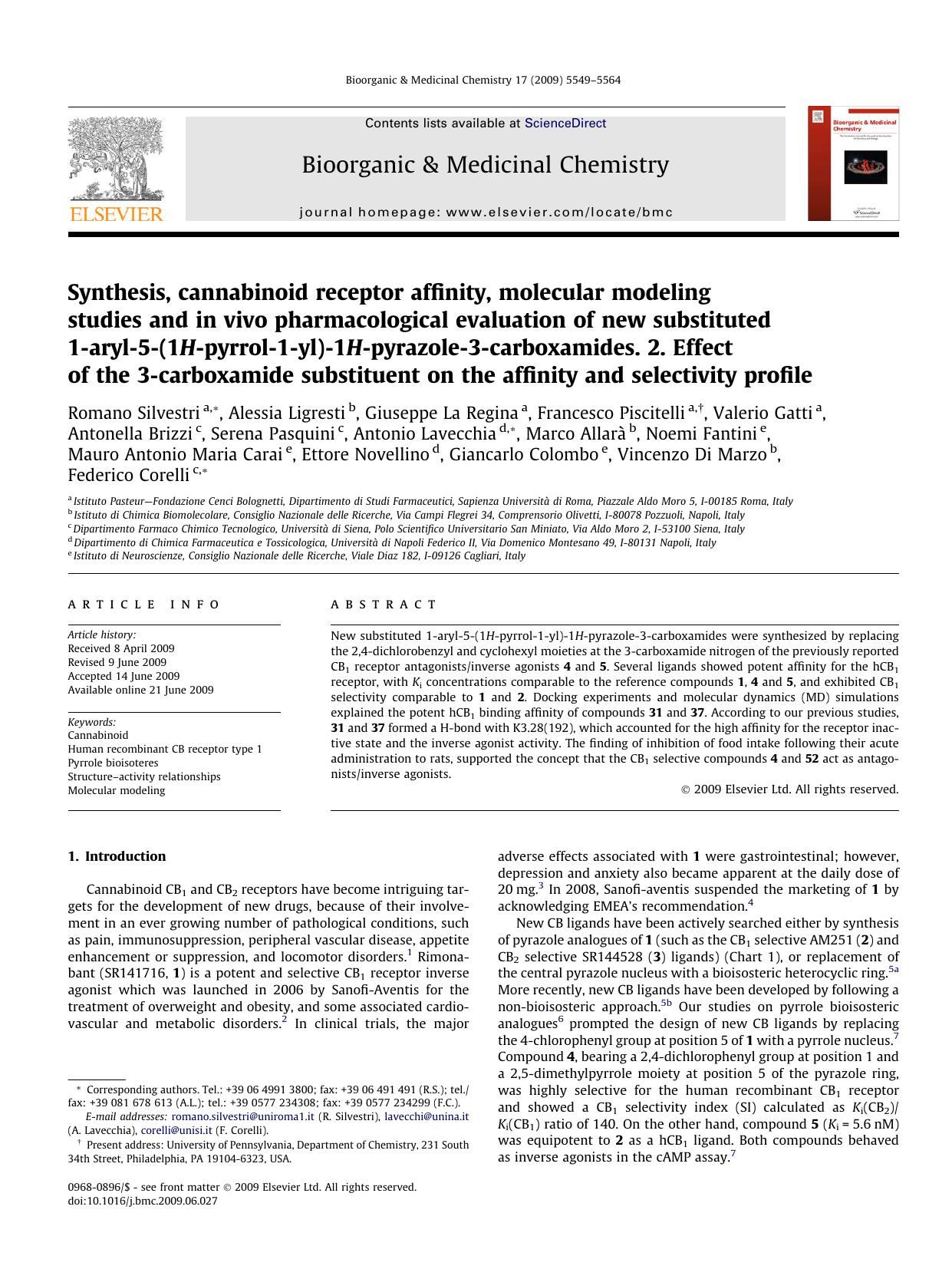 Synthesis, cannabinoid receptor affinity, molecular modeling studies and in vivo pharmacological evaluation of new substituted 1-aryl-5-(1H-pyrrol-1-yl)-1H-pyrazole-3-carboxamides. by unknow