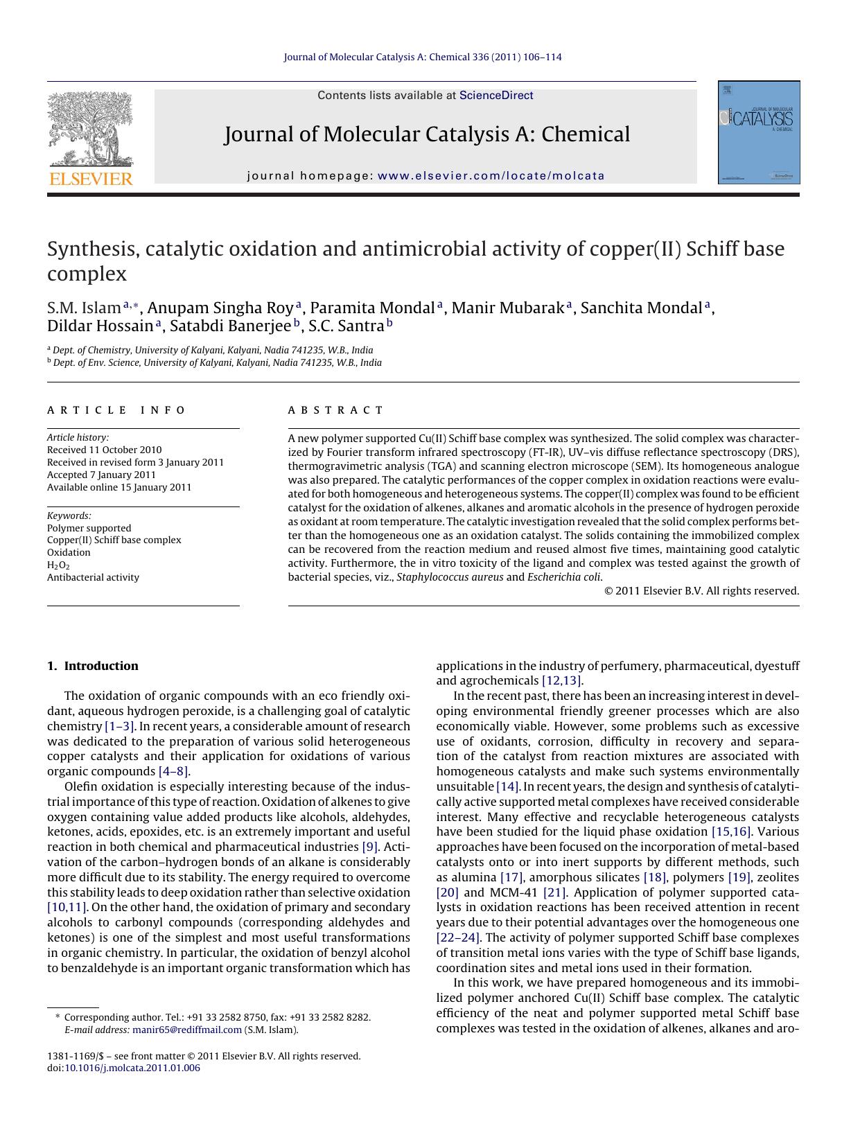 Synthesis, catalytic oxidation and antimicrobial activity of copper(II) Schiff base complex by S.M. Islam