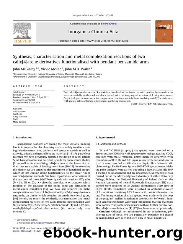 Synthesis, characterisation and metal complexation reactions of two calix[4]arene derivatives functionalised with pendant benzamide arms by John McGinley & Vickie McKee & John M.D. Walsh