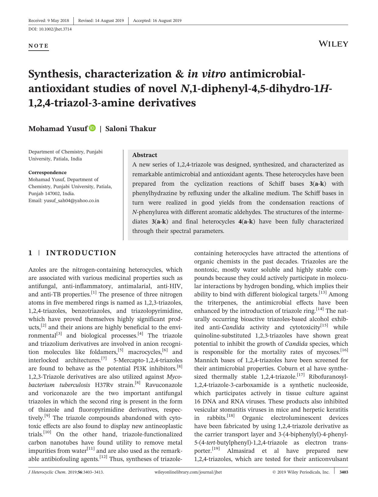 Synthesis, characterization &amp; in vitro antimicrobialâantioxidant studies of novel N,1âdiphenylâ4,5âdihydroâ1Hâ1,2,4âtriazolâ3âamine derivatives by Mohamad Yusuf & Saloni Thakur