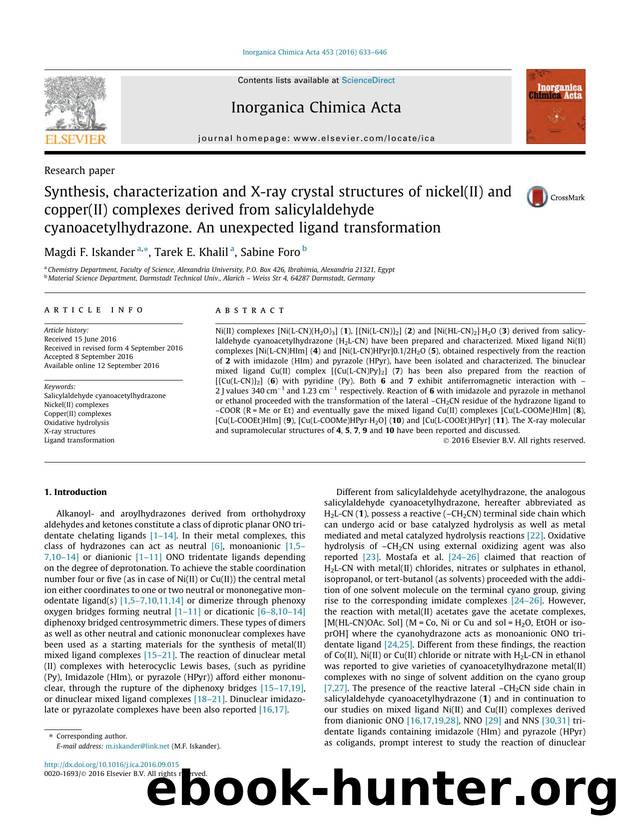 Synthesis, characterization and X-ray crystal structures of nickel(II) and copper(II) complexes derived from salicylaldehyde cyanoacetylhydrazone. An unexpected ligand transformation by Magdi F. Iskander & Tarek E. Khalil & Sabine Foro