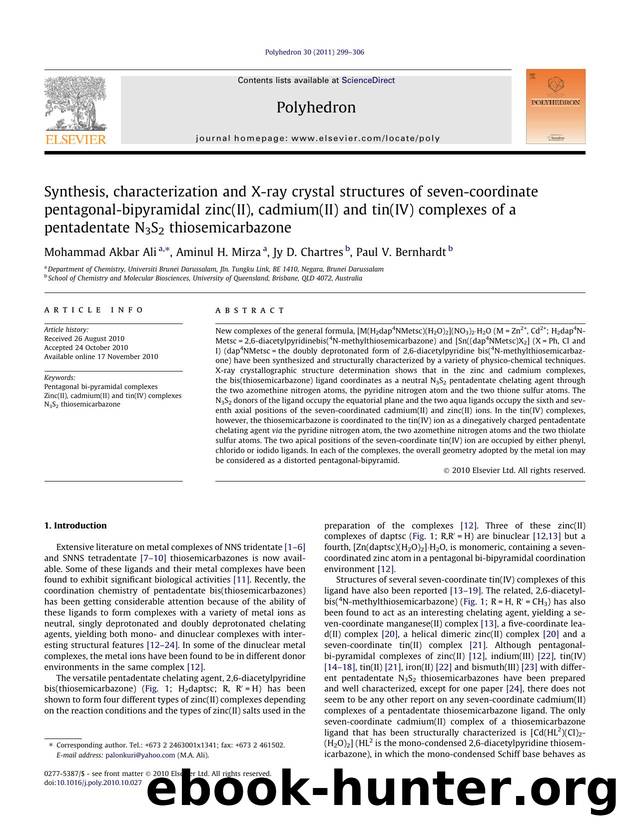 Synthesis, characterization and X-ray crystal structures of seven-coordinate pentagonal-bipyramidal zinc(II), cadmium(II) and tin(IV) complexes of a pentadentate N3S2 thiosemicarbazone by Mohammad Akbar Ali & Aminul H. Mirza & Jy D. Chartres & Paul V. Bernhardt