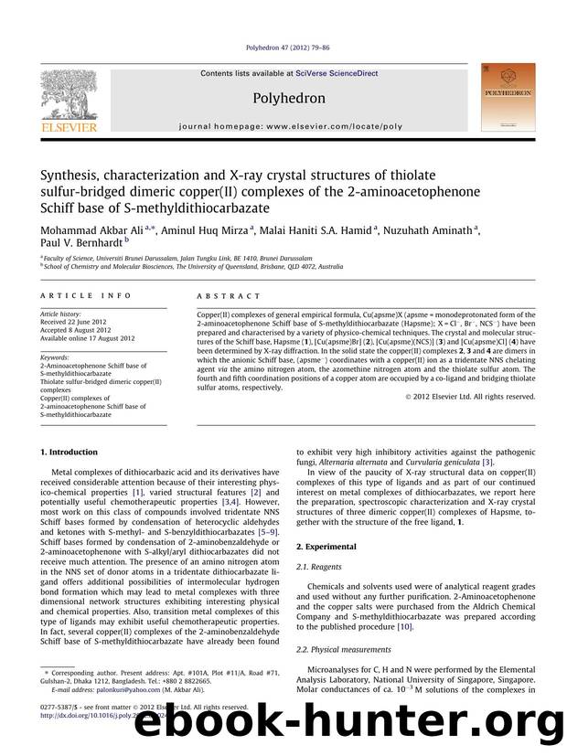 Synthesis, characterization and X-ray crystal structures of thiolate sulfur-bridged dimeric copper(II) complexes of the 2-aminoacetophenone Schiff base of S-methyldithiocarbazate by unknow