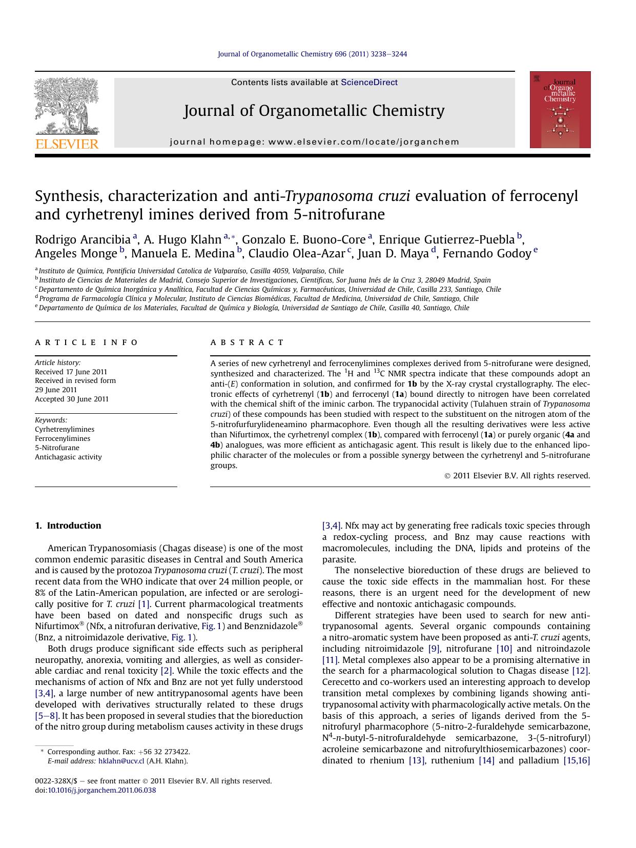 Synthesis, characterization and anti-Trypanosoma cruzi evaluation of ferrocenyl and cyrhetrenyl imines derived from 5-nitrofurane by unknow