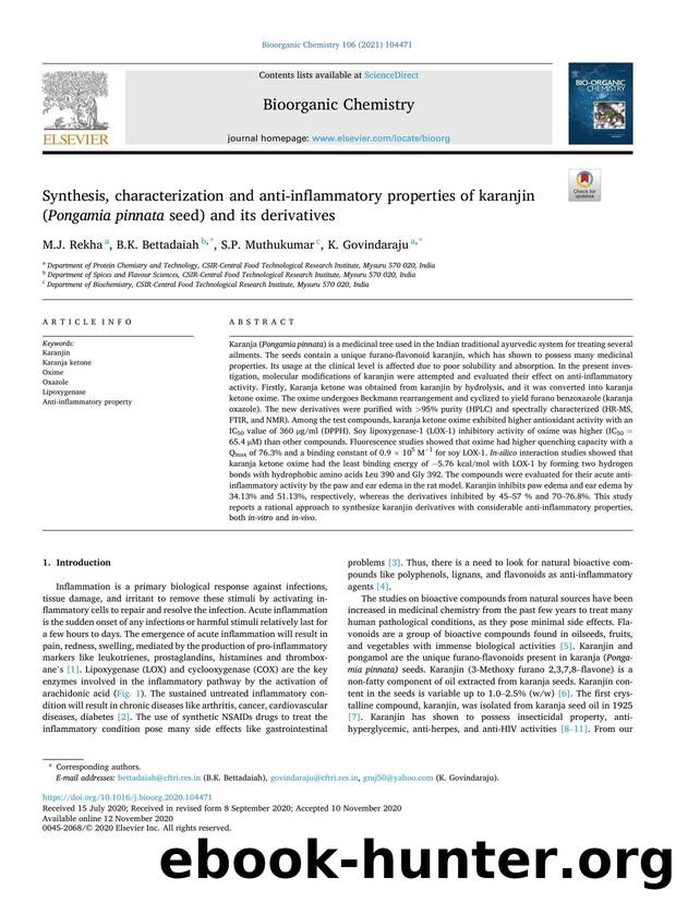 Synthesis, characterization and anti-inflammatory properties of karanjin ( Pongamia pinnata seed) and its derivatives by M.J. Rekha & B.K. Bettadaiah & S.P. Muthukumar & K. Govindaraju
