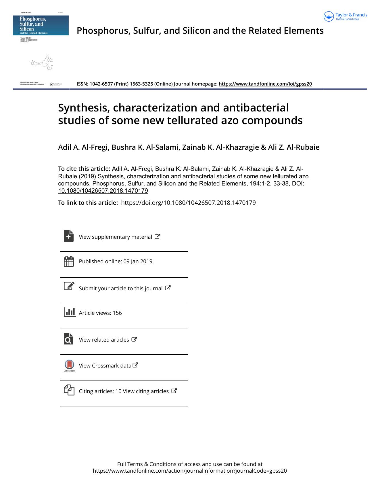 Synthesis, characterization and antibacterial studies of some new tellurated azo compounds by Al-Fregi Adil A. & Al-Salami Bushra K. & Al-Khazragie Zainab K. & Al-Rubaie Ali Z
