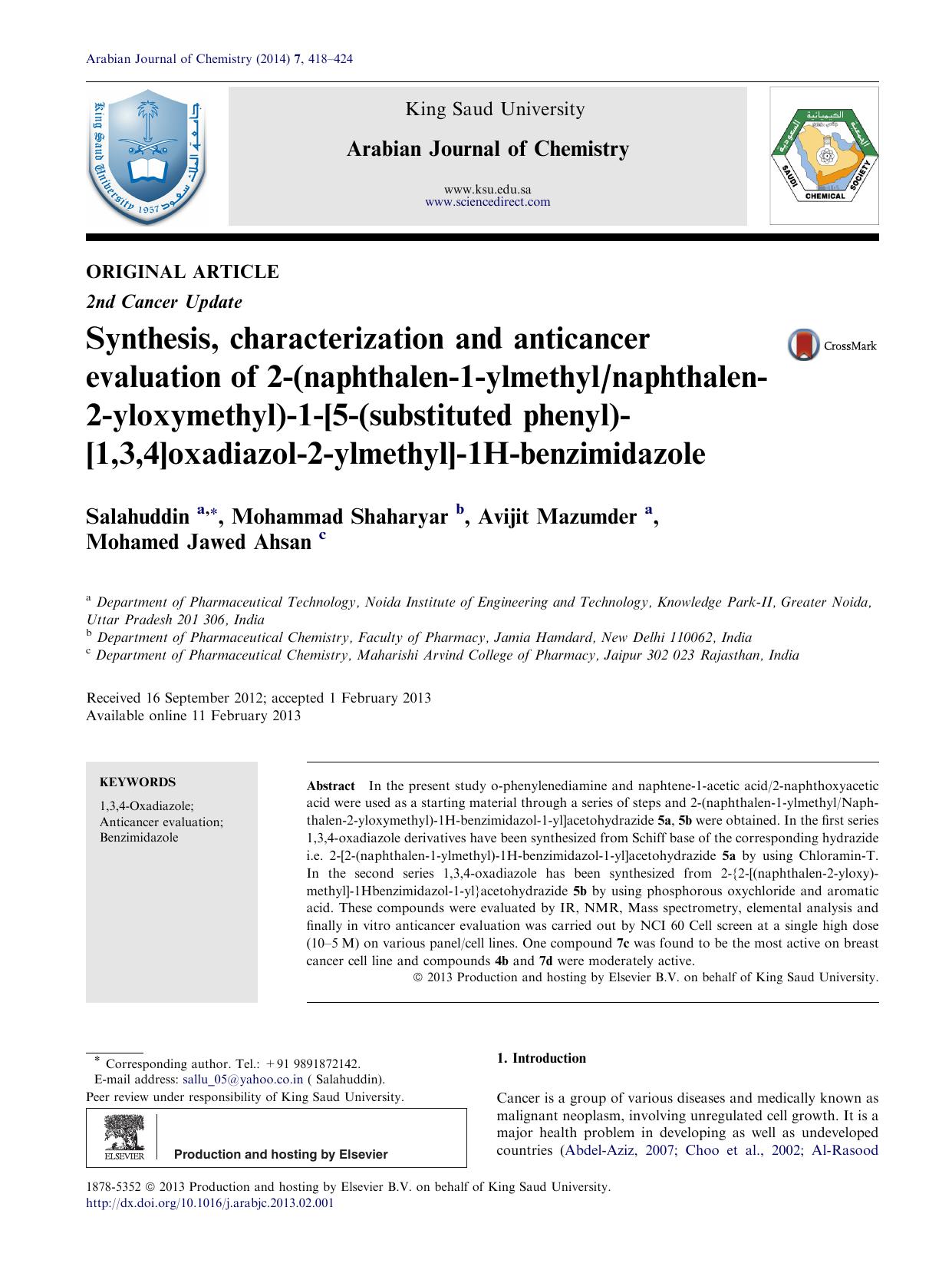 Synthesis, characterization and anticancer evaluation of 2-(naphthalen-1-ylmethylnaphthalen-2-yloxymethyl)-1-[5-(substituted phenyl)-[1,3,4]oxadiazol-2-ylmethyl]-1H-benzimidazole by Salahuddin & Mohammad Shaharyar & Avijit Mazumder & Mohamed Jawed Ahsan