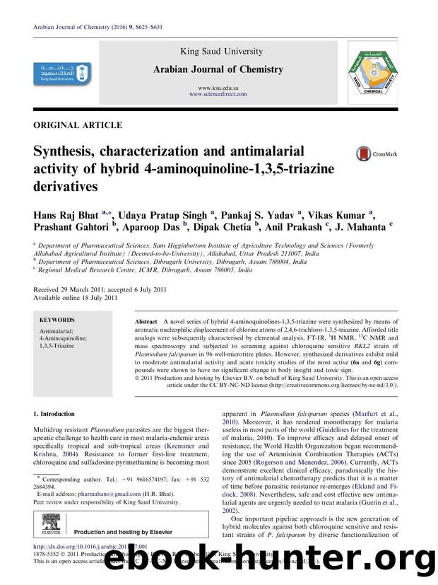 Synthesis, characterization and antimalarial activity of hybrid 4-aminoquinoline-1,3,5-triazine derivatives by unknow