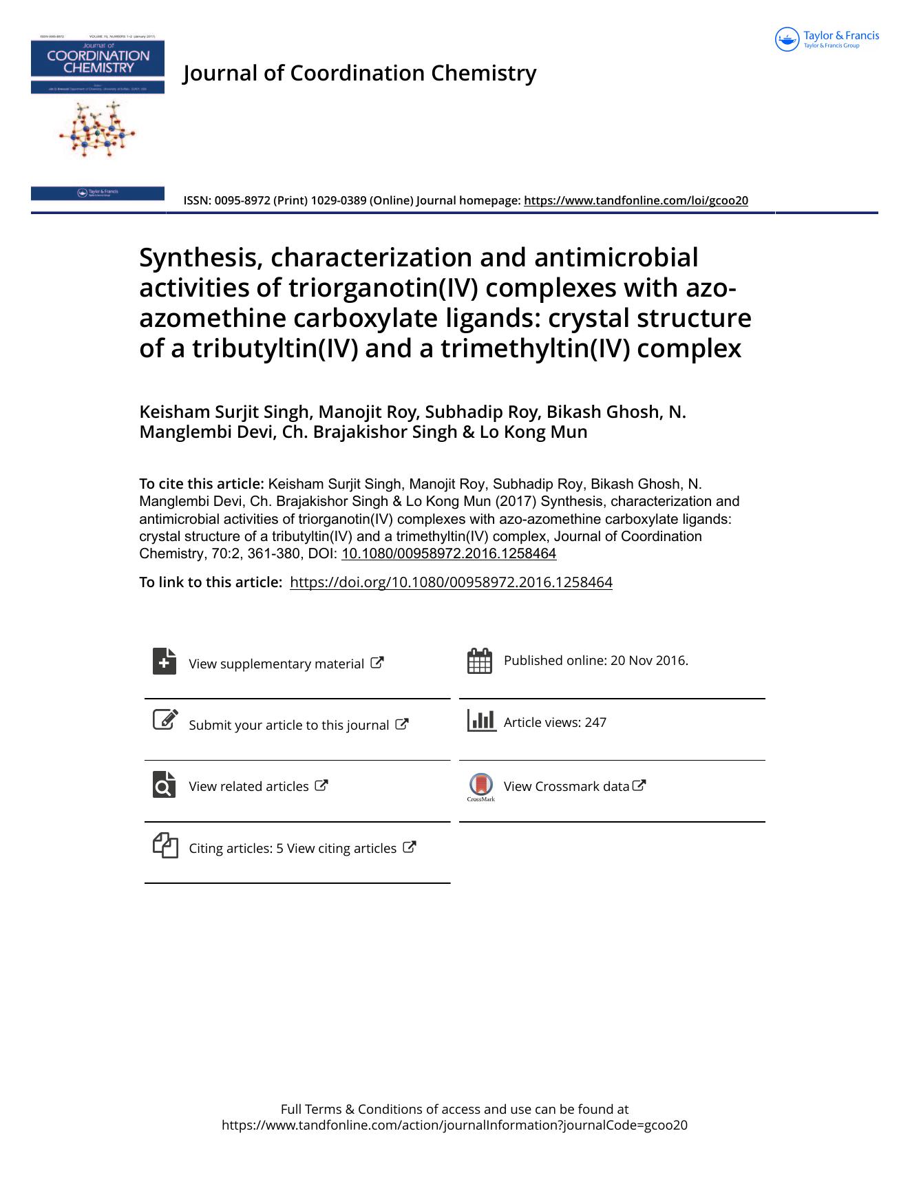Synthesis, characterization and antimicrobial activities of triorganotin(IV) complexes with azo-azomethine carboxylate ligands: crystal structure of a tributyltin(IV) and a trimethyltin(IV) complex by unknow
