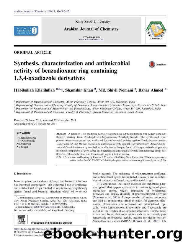 Synthesis, characterization and antimicrobial activity of benzodioxane ring containing 1,3,4-oxadiazole derivatives by Habibullah Khalilullah & Shamshir Khan & Md. Shivli Nomani & Bahar Ahmed