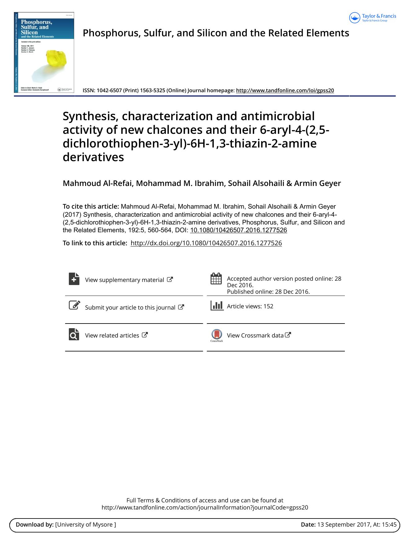 Synthesis, characterization and antimicrobial activity of new chalcones and their 6-aryl-4-(2,5-dichlorothiophen-3-yl)-6H-1,3-thiazin-2-amine derivatives by Mahmoud Al-Refai & Mohammad M. Ibrahim & Sohail Alsohaili & Armin Geyer