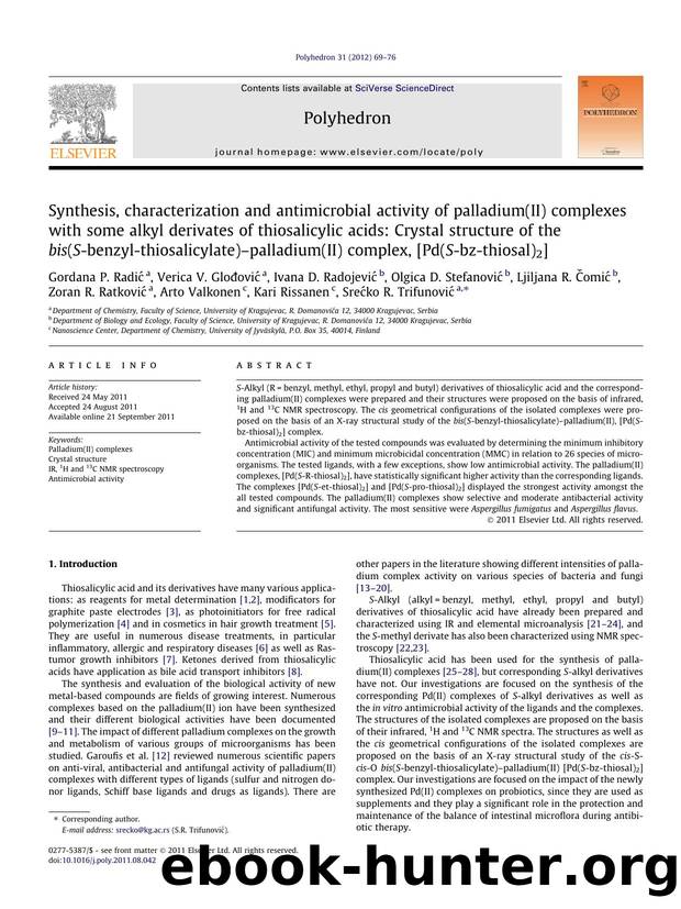Synthesis, characterization and antimicrobial activity of palladium(II) complexes with some alkyl derivates of thiosalicylic acids: Crystal structure of the bis(S-benzyl-thiosalicy by unknow
