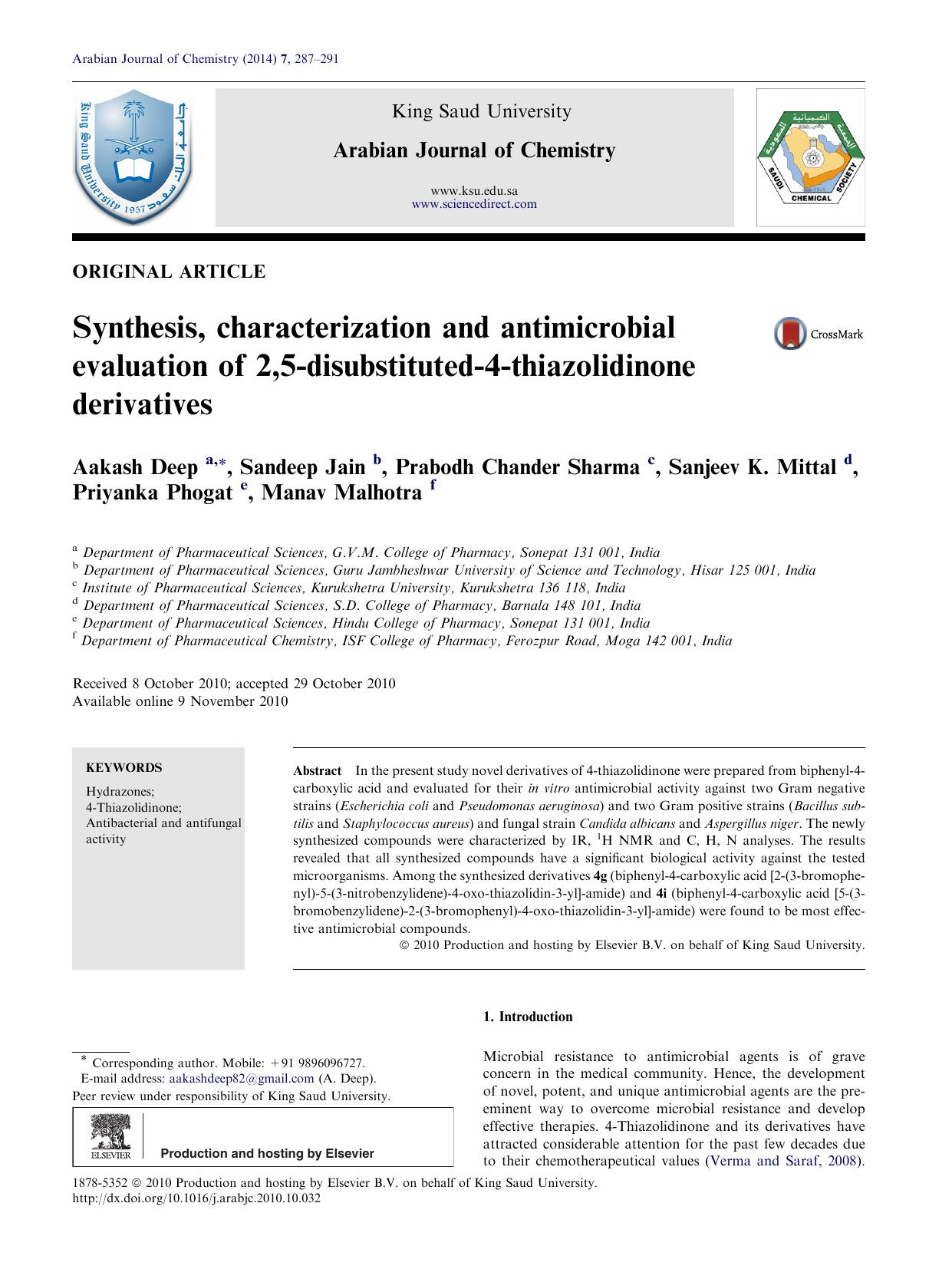 Synthesis, characterization and antimicrobial evaluation of 2,5-disubstituted-4-thiazolidinone derivatives by unknow
