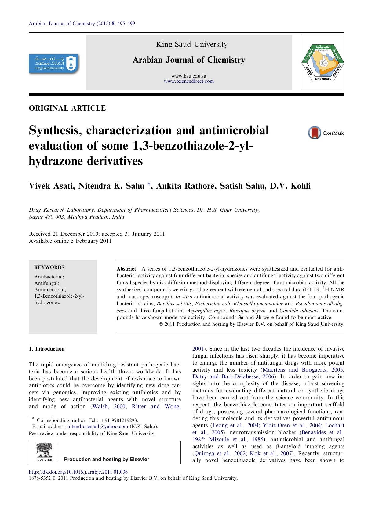Synthesis, characterization and antimicrobial evaluation of some 1,3-benzothiazole-2-yl-hydrazone derivatives by Vivek Asati & Nitendra K. Sahu & Ankita Rathore & Satish Sahu & D.V. Kohli