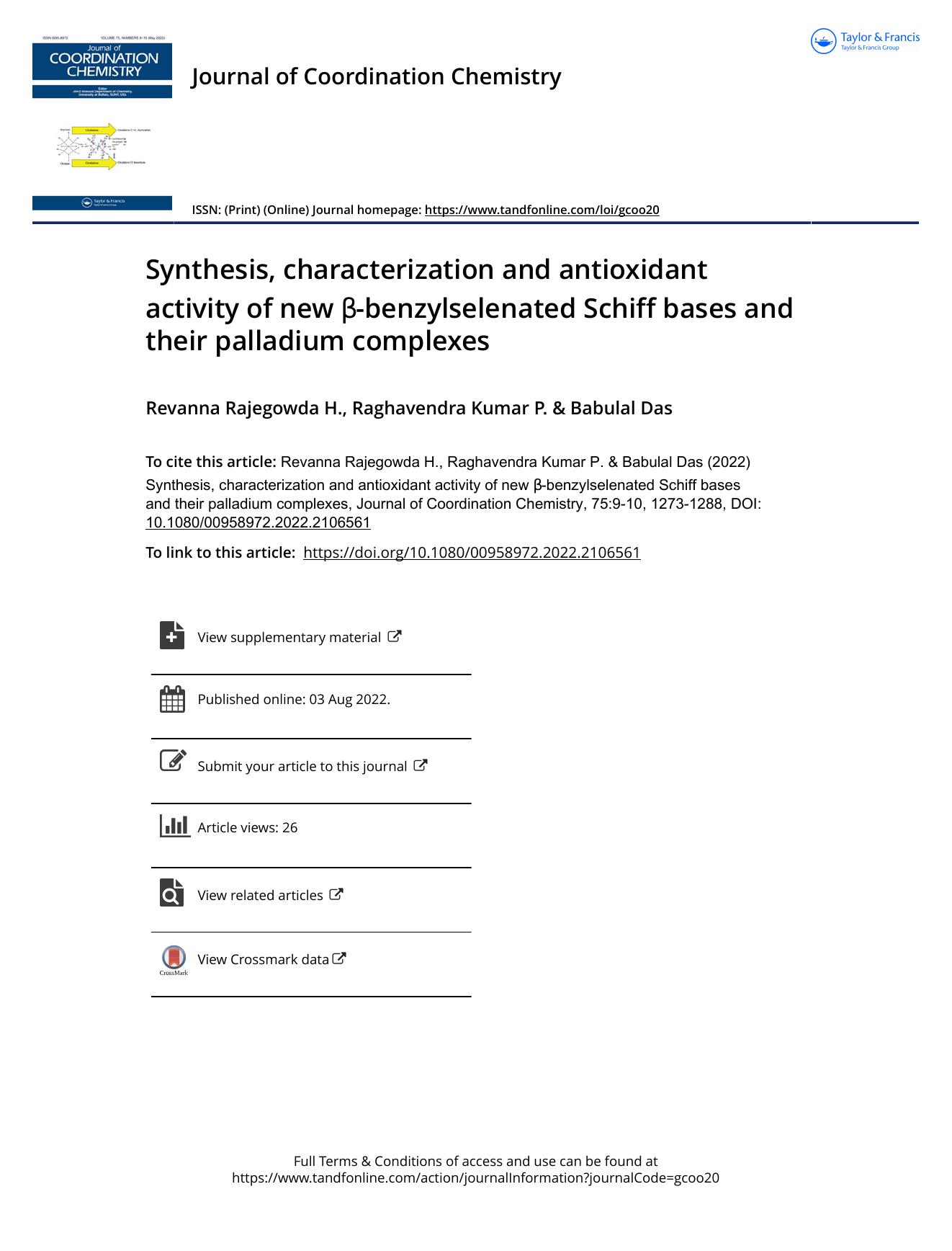 Synthesis, characterization and antioxidant activity of new Î²-benzylselenated Schiff bases and their palladium complexes by H. Revanna Rajegowda & P. Raghavendra Kumar & Das Babulal