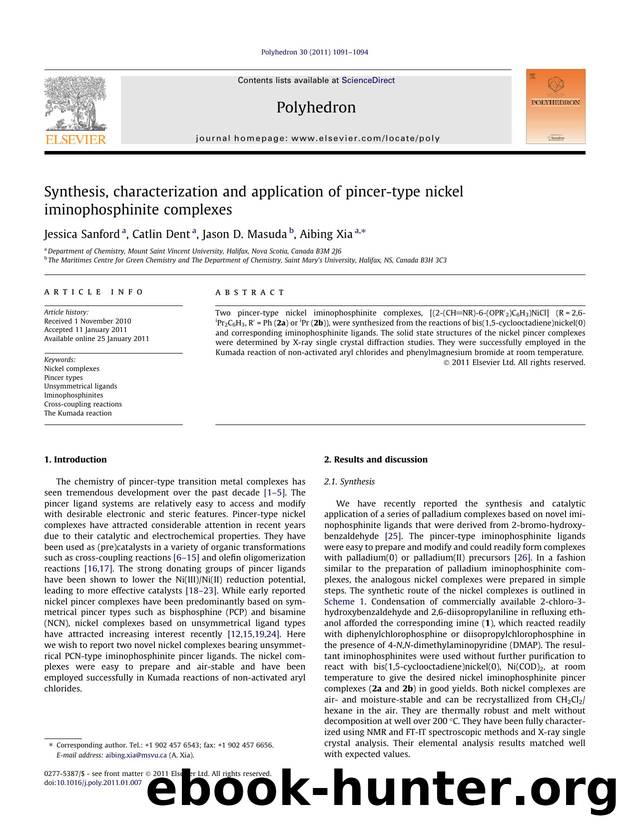 Synthesis, characterization and application of pincer-type nickel iminophosphinite complexes by Jessica Sanford & Catlin Dent & Jason D. Masuda & Aibing Xia