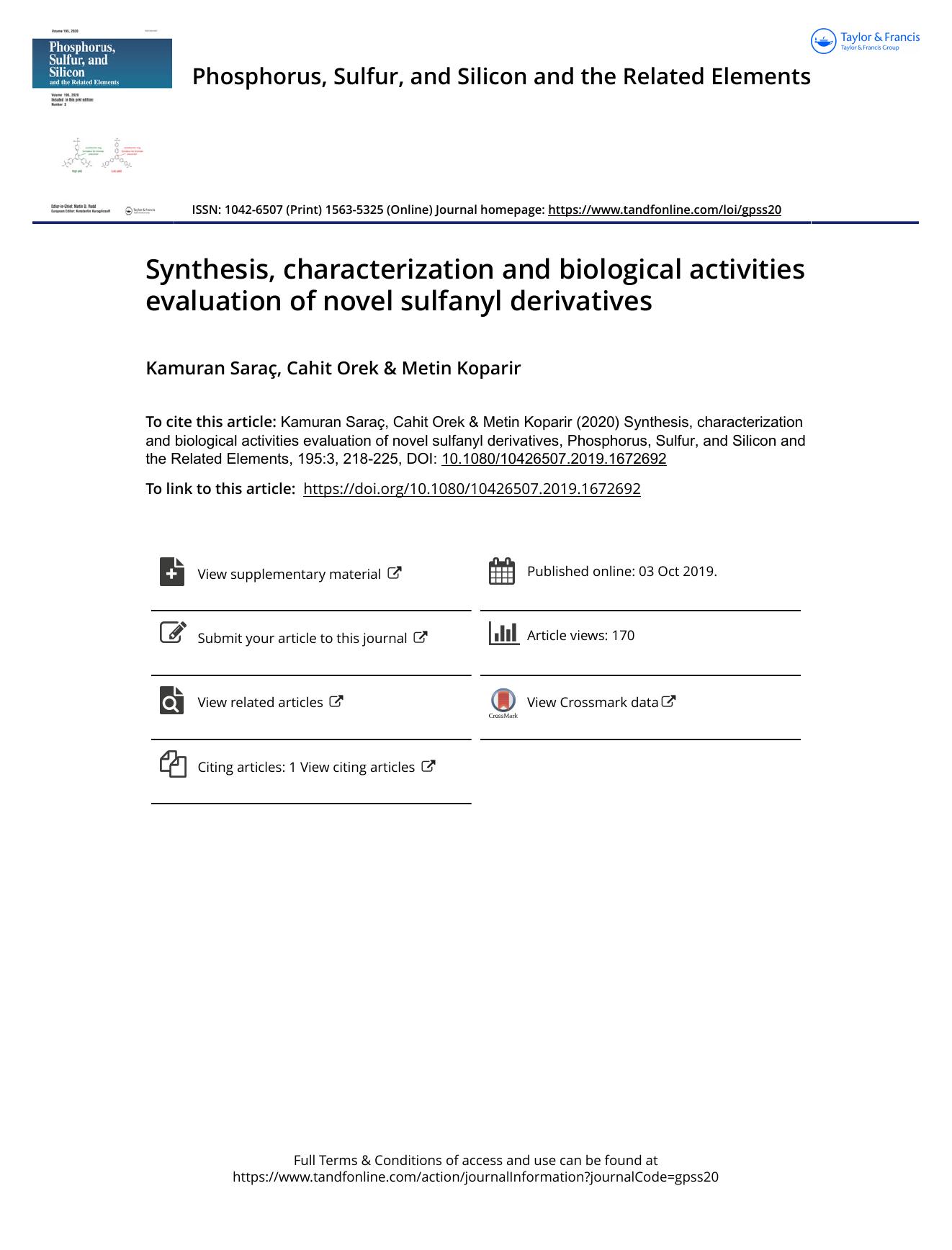 Synthesis, characterization and biological activities evaluation of novel sulfanyl derivatives by Saraç Kamuran & Orek Cahit & Koparir Metin