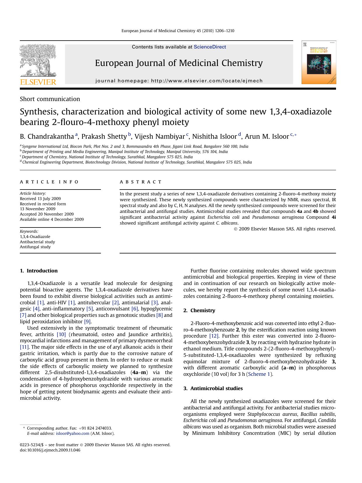 Synthesis, characterization and biological activity of some new 1,3,4-oxadiazole bearing 2-flouro-4-methoxy phenyl moiety by B. Chandrakantha; Prakash Shetty; Vijesh Nambiyar; Nishitha Isloor; Arun M. Isloor