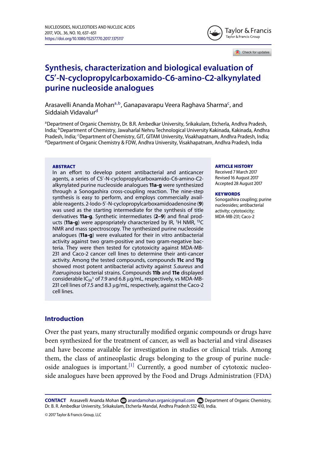 Synthesis, characterization and biological evaluation of C5-N-cyclopropylcarboxamido-C6-amino-C2-alkynylated purine nucleoside analogues by Arasavelli Ananda Mohan & Ganapavarapu Veera Raghava Sharma & Siddaiah Vidavalur