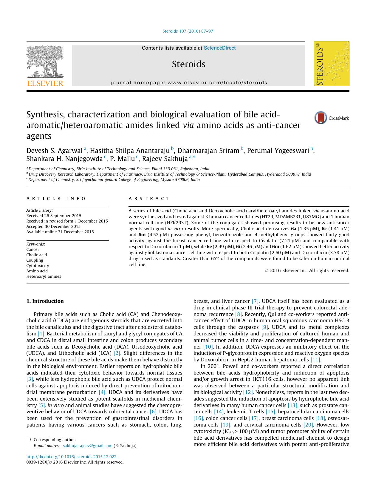 Synthesis, characterization and biological evaluation of bile acid-aromaticheteroaromatic amides linked via amino acids as anti-cancer agents by unknow