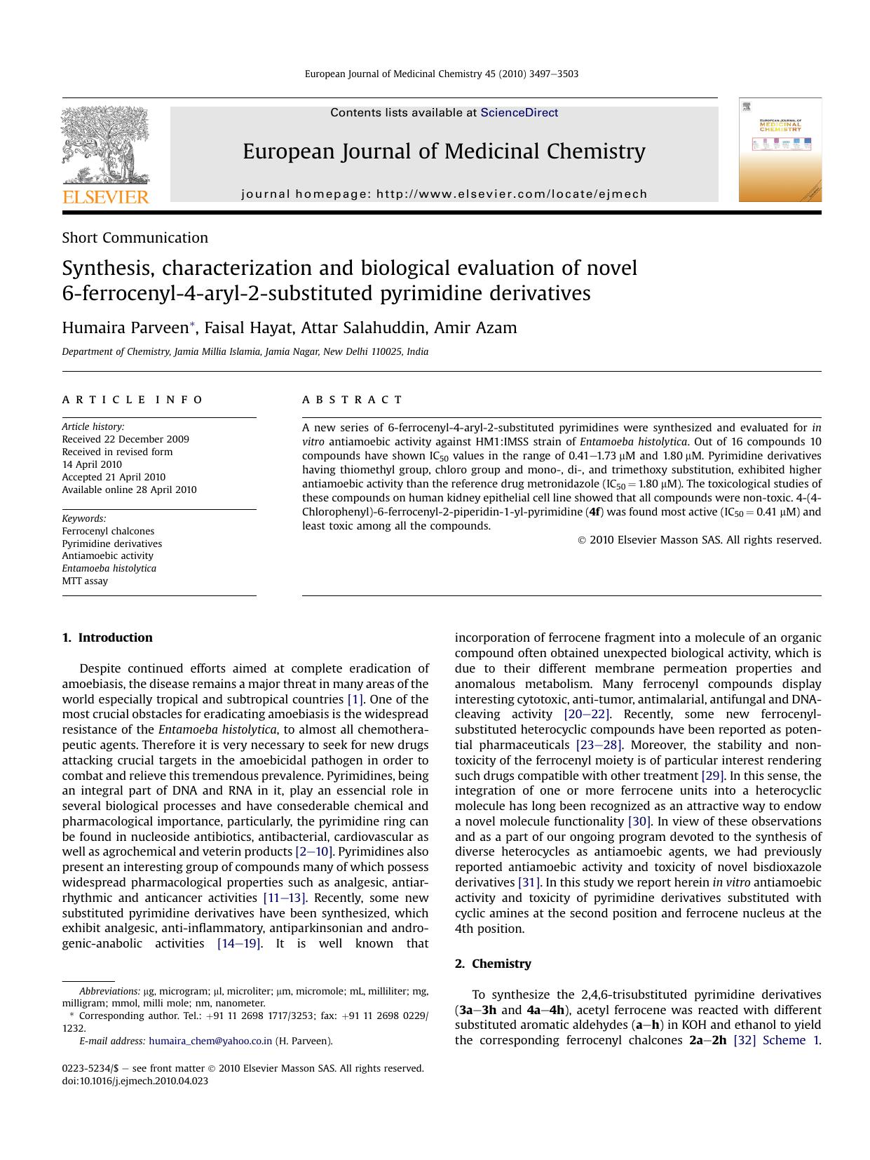 Synthesis, characterization and biological evaluation of novel 6-ferrocenyl-4-aryl-2-substituted pyrimidine derivatives by Humaira Parveen & Faisal Hayat & Attar Salahuddin & Amir Azam