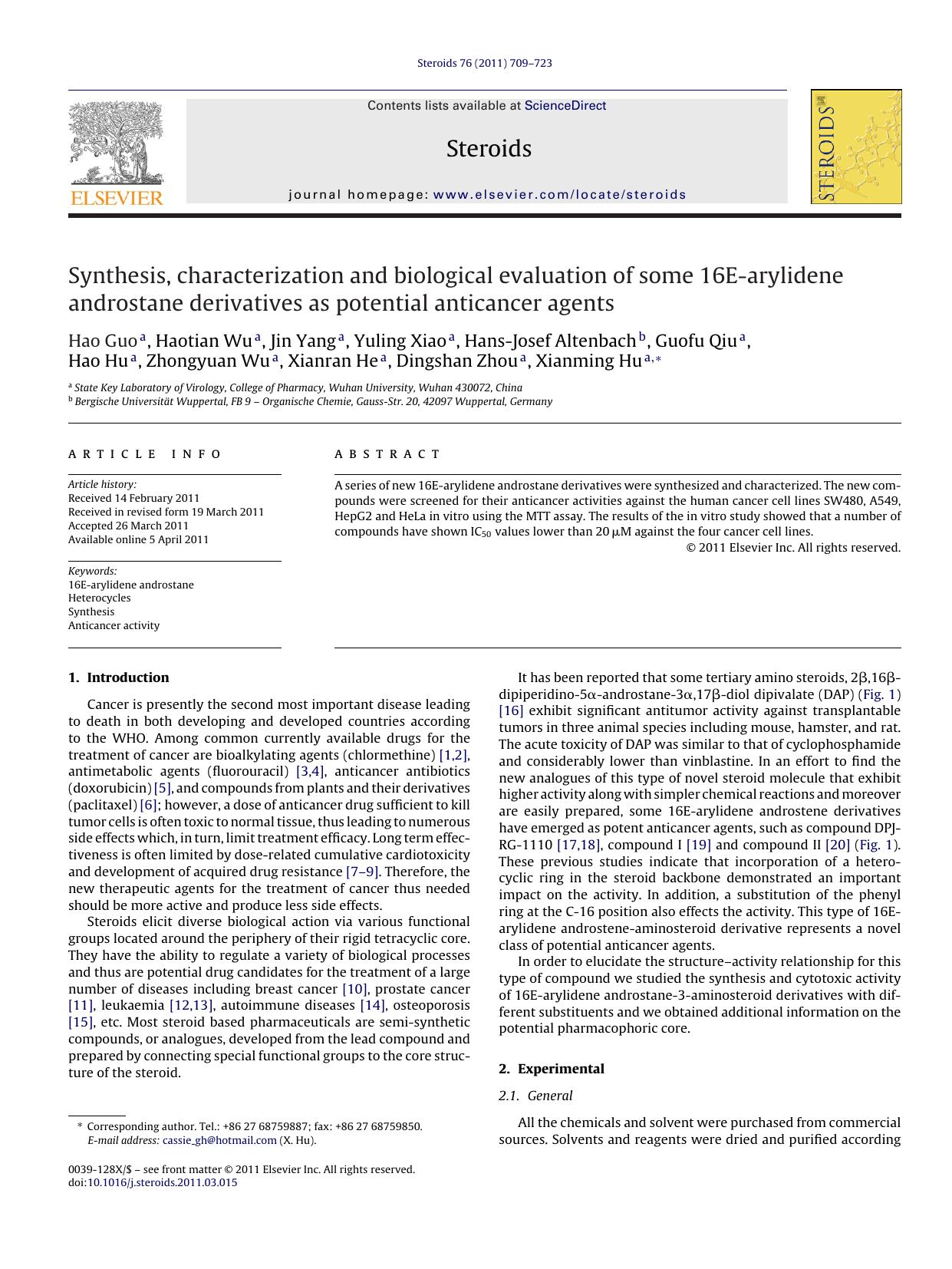 Synthesis, characterization and biological evaluation of some 16E-arylidene androstane derivatives as potential anticancer agents by Hao Guo