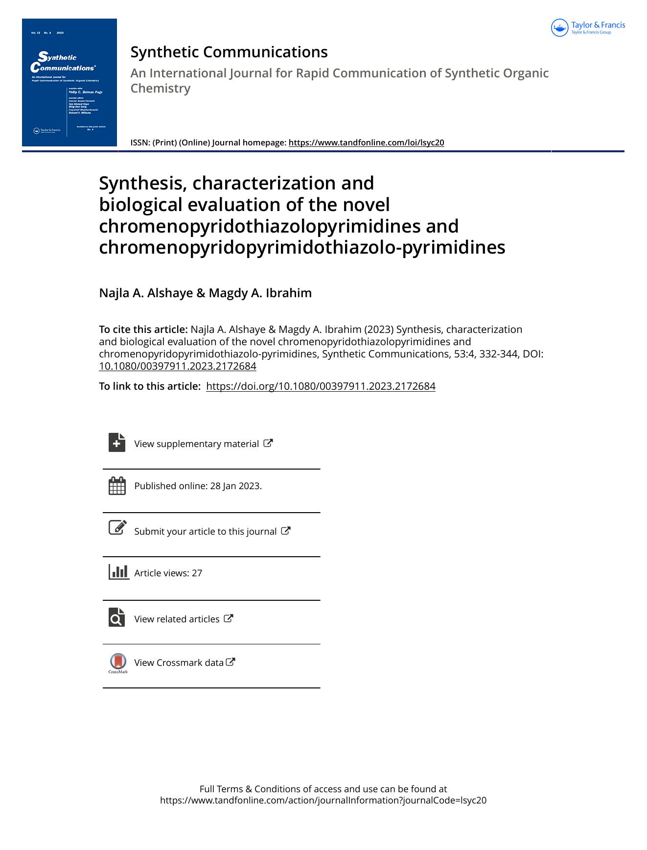 Synthesis, characterization and biological evaluation of the novel chromenopyridothiazolopyrimidines and chromenopyridopyrimidothiazolo-pyrimidines by Alshaye Najla A. & Ibrahim Magdy A