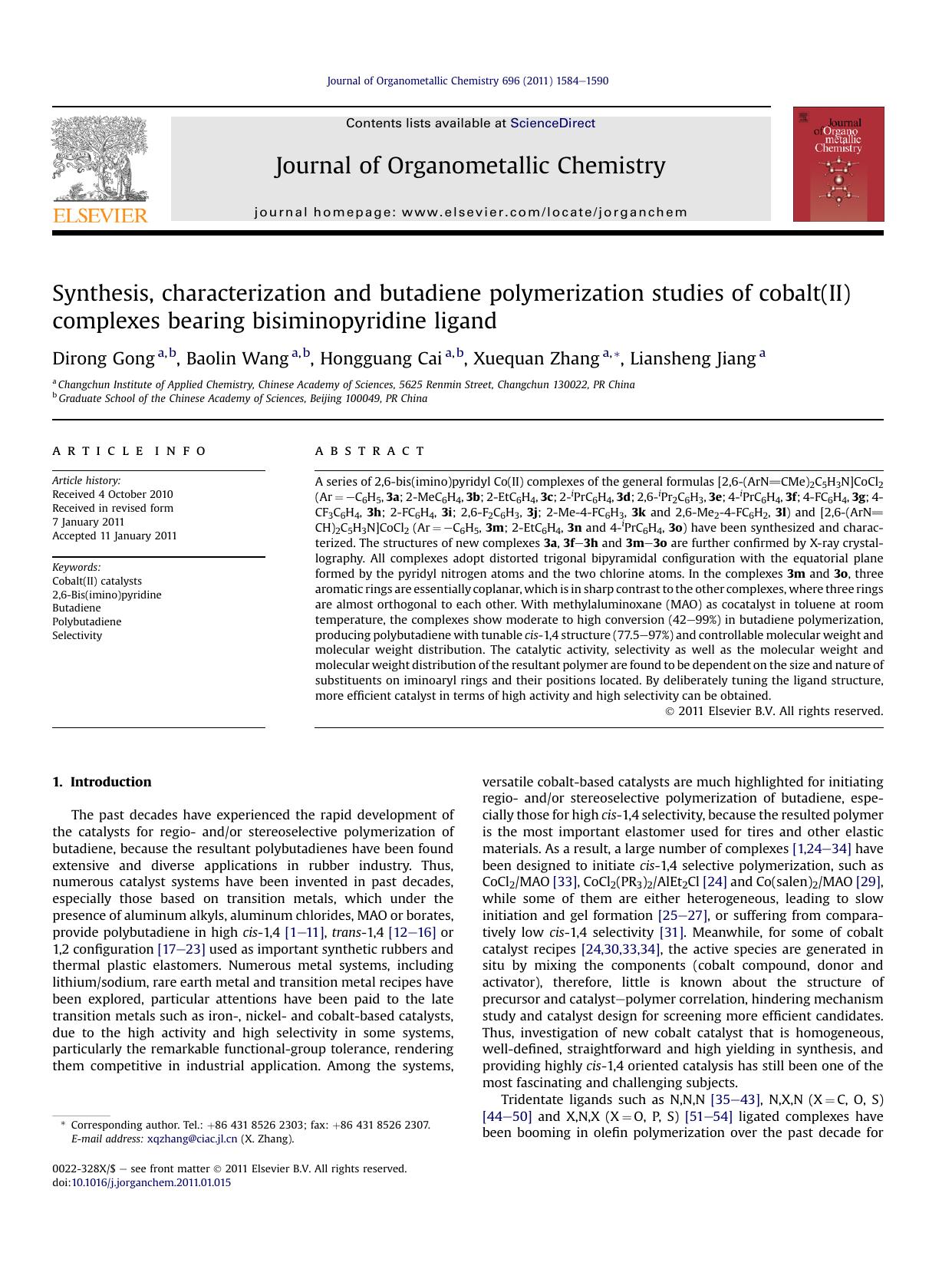 Synthesis, characterization and butadiene polymerization studies of cobalt(II) complexes bearing bisiminopyridine ligand by Dirong Gong & Baolin Wang & Hongguang Cai & Xuequan Zhang & Liansheng Jiang