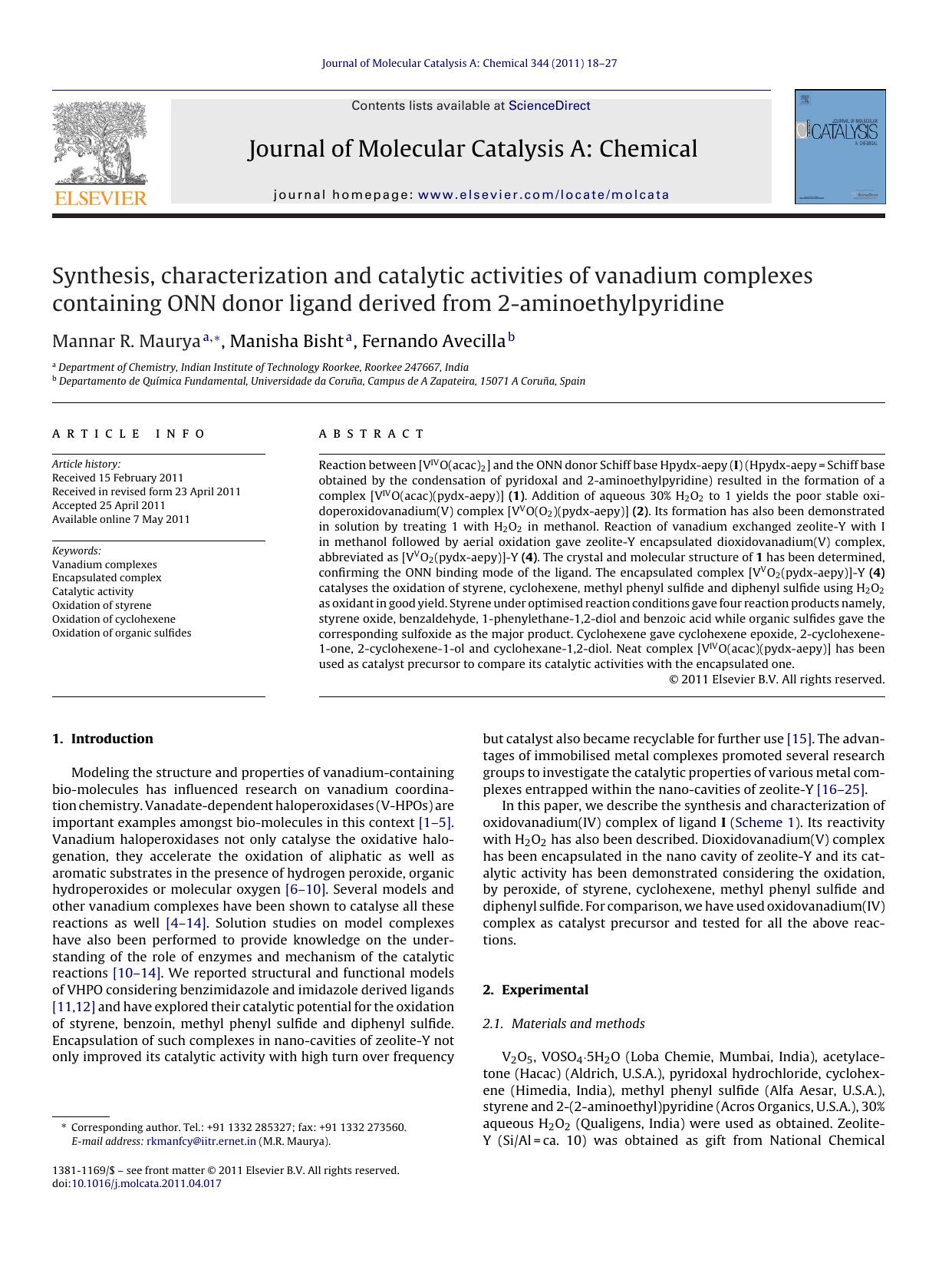 Synthesis, characterization and catalytic activities of vanadium complexes containing ONN donor ligand derived from 2-aminoethylpyridine by Mannar R. Maurya
