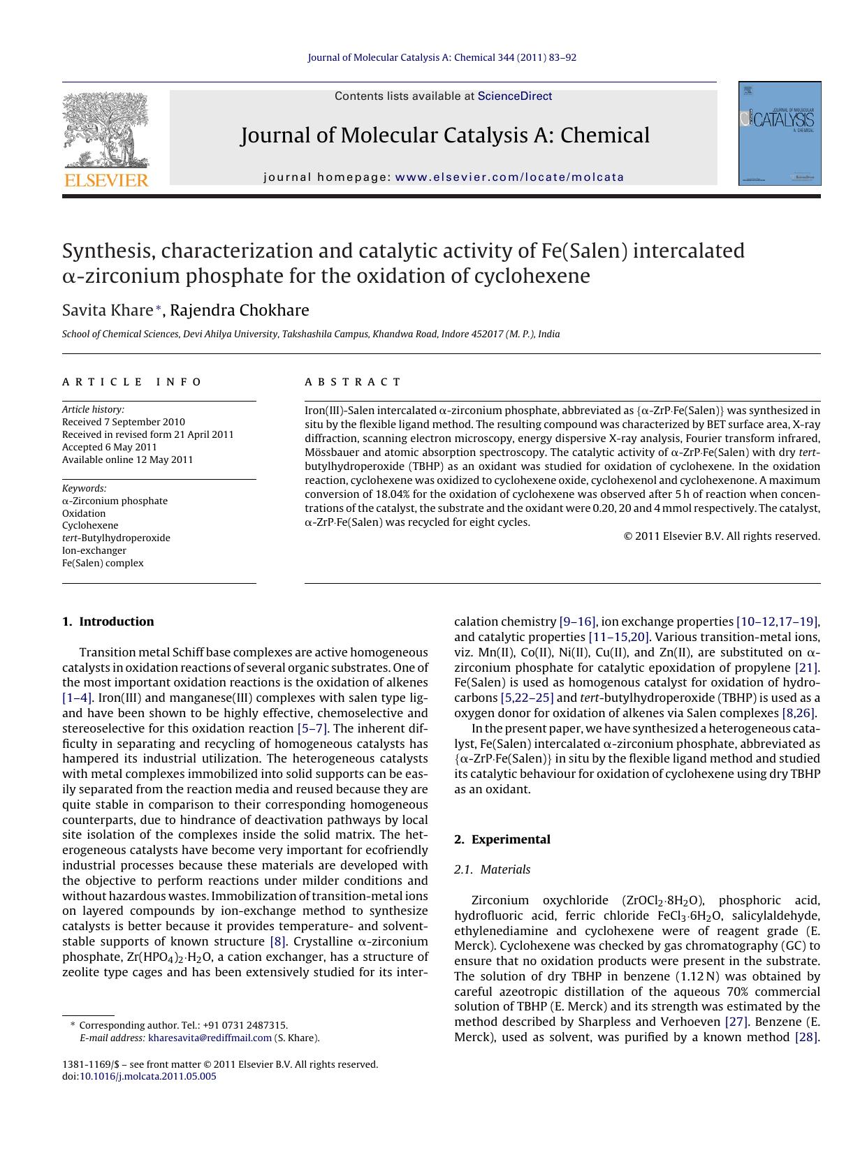 Synthesis, characterization and catalytic activity of Fe(Salen) intercalated ÃÂ±-zirconium phosphate for the oxidation of cyclohexene by Savita Khare