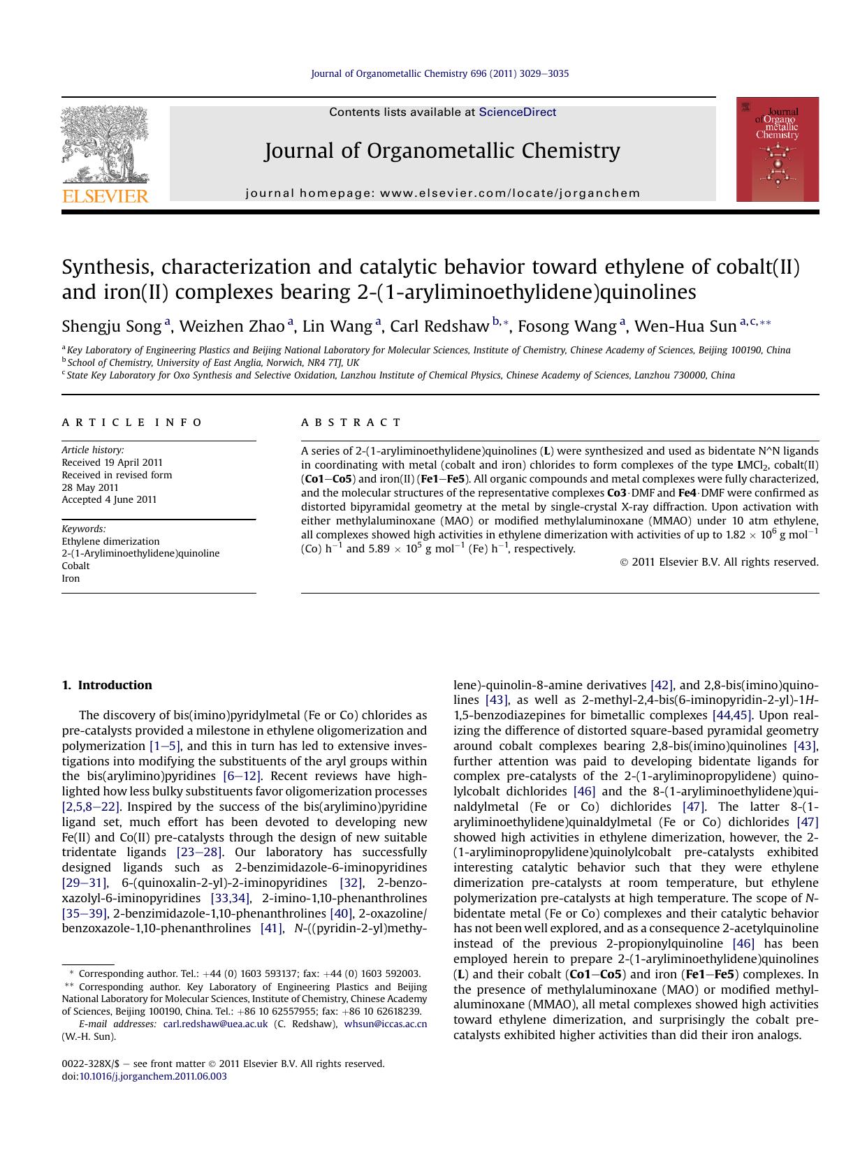 Synthesis, characterization and catalytic behavior toward ethylene of cobalt(II) and iron(II) complexes bearing 2-(1-aryliminoethylidene)quinolines by Shengju Song & Weizhen Zhao & Lin Wang & Carl Redshaw & Fosong Wang & Wen-Hua Sun
