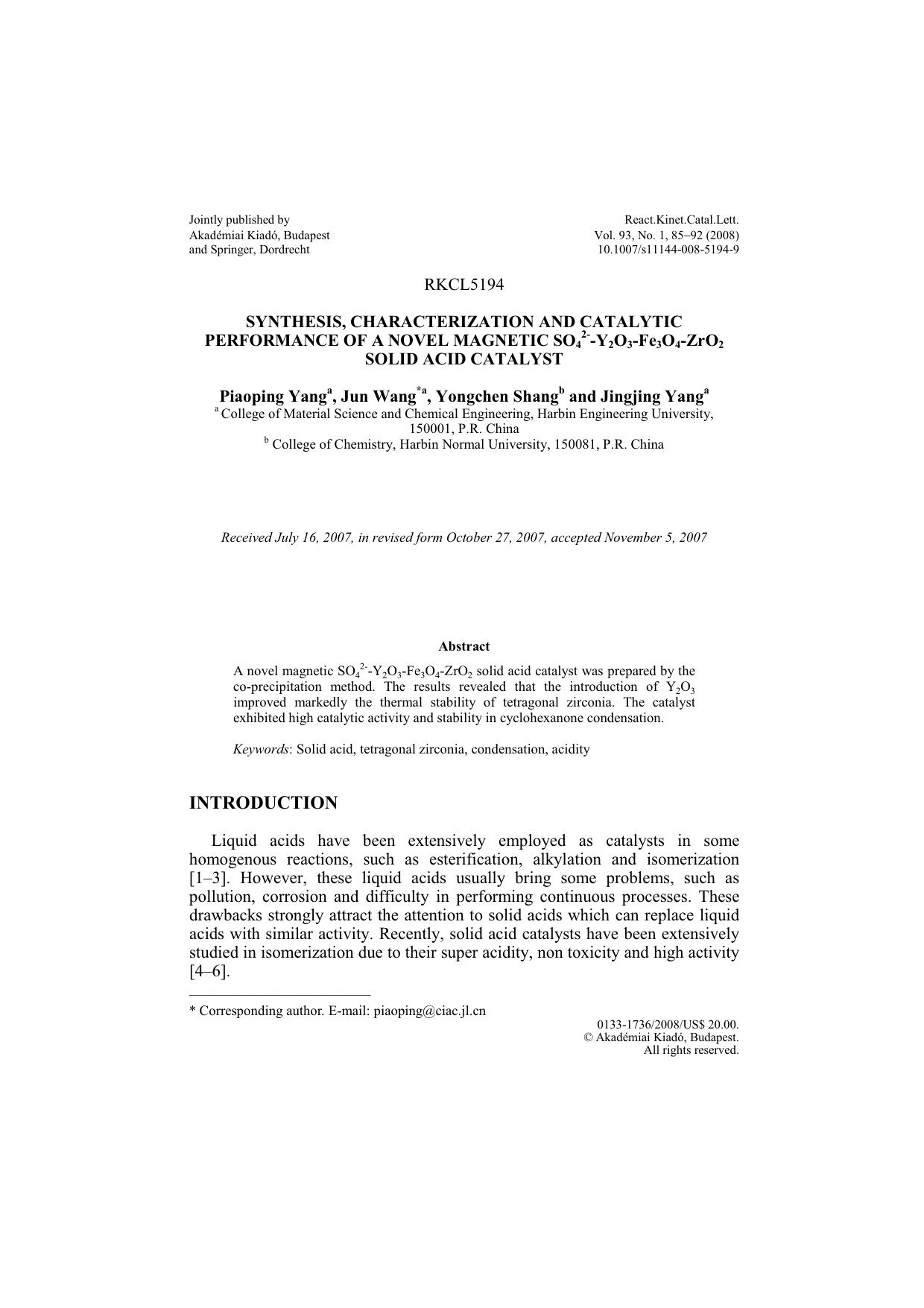 Synthesis, characterization and catalytic performance of a novel magnetic SO<Subscript>4<Subscript><Superscript>2&#x2212;<Superscript>-Y<Subscript>2<Subscript>O<Subscript>3<Subscri by Unknown