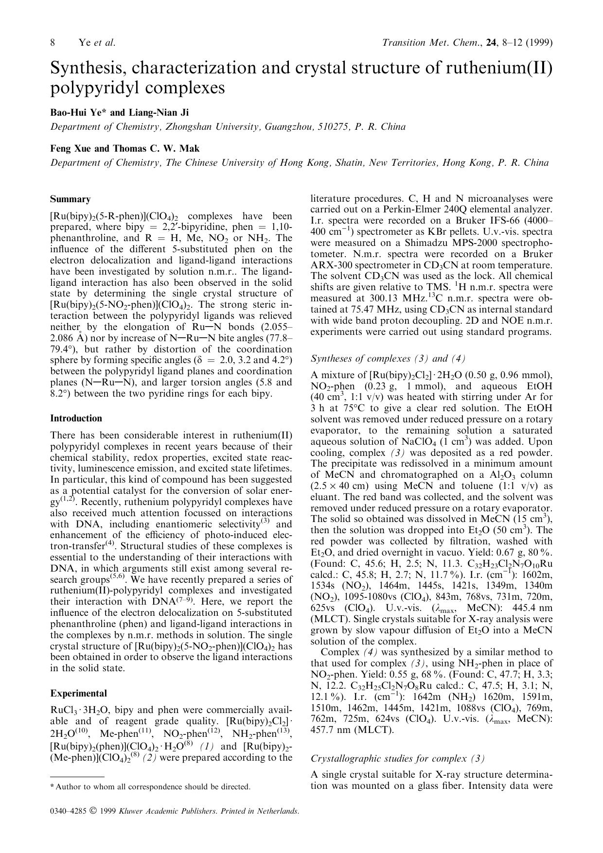 Synthesis, characterization and crystal structure of ruthenium(II) polypyridyl complexes by Unknown