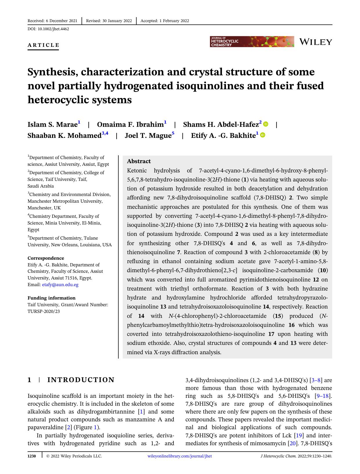 Synthesis, characterization and crystal structure of some novel partially hydrogenated isoquinolines and their fused heterocyclic systems by Unknown