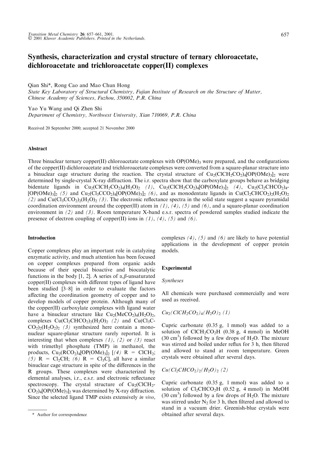 Synthesis, characterization and crystal structure of ternary chloroacetate, dichloroacetate and trichloroacetate copper(II) complexes by Unknown