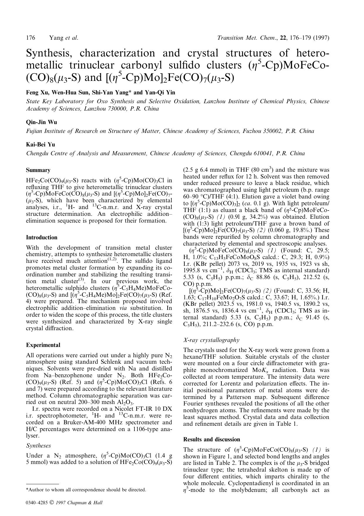 Synthesis, characterization and crystal structures of heterometallic trinuclear carbonyl sulfido clusters (η5-Cp)MoFeCo- (CO)8(μ3-S) and [(η5-Cp)Mo]2Fe(CO)7(μ3-S) by Unknown