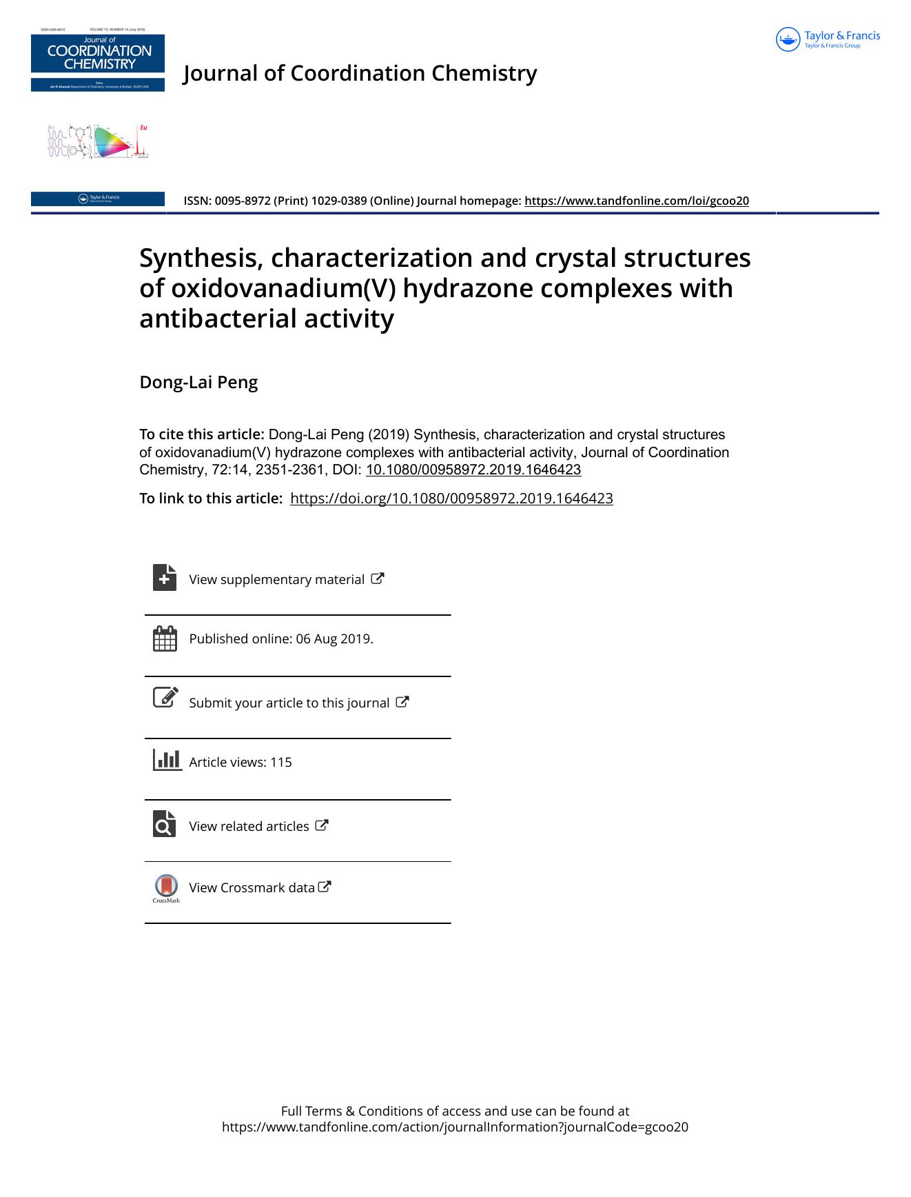 Synthesis, characterization and crystal structures of oxidovanadium(V) hydrazone complexes with antibacterial activity by Peng Dong-Lai