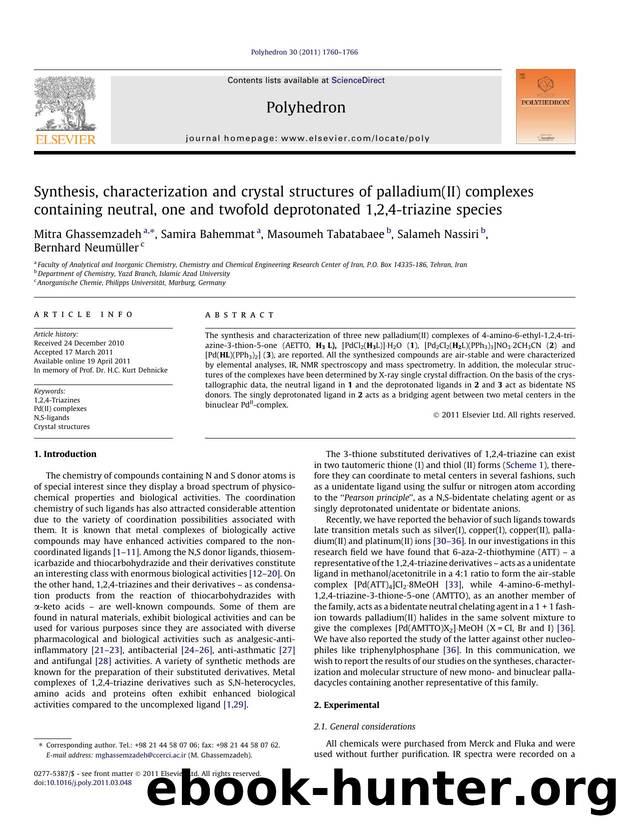 Synthesis, characterization and crystal structures of palladium(II) complexes containing neutral, one and twofold deprotonated 1,2,4-triazine species by Mitra Ghassemzadeh & Samira Bahemmat & Masoumeh Tabatabaee & Salameh Nassiri & Bernhard Neumüller