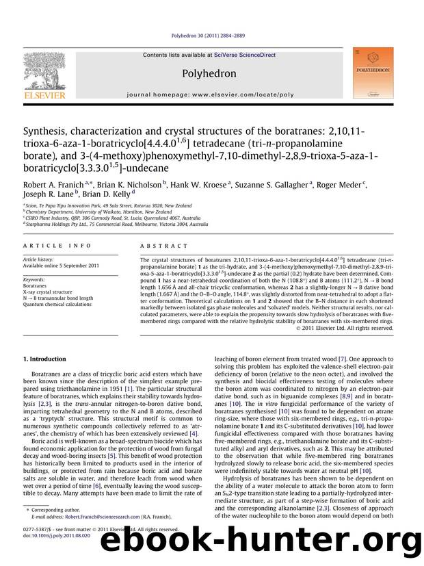 Synthesis, characterization and crystal structures of the boratranes: 2,10,11-trioxa-6-aza-1-boratricyclo[4.4.4.01,6] tetradecane (tri-n-propanolamine borate), and 3-(4-methoxy)phe by unknow